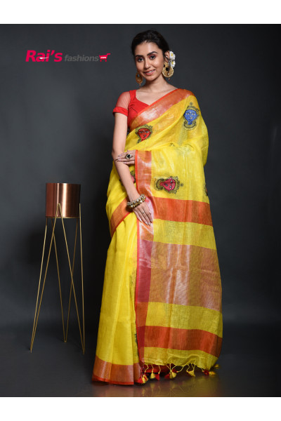 Fine Linen By Linen Saree With Contrast Color Border and Fine Embroidery Work All Over Base (KR44)